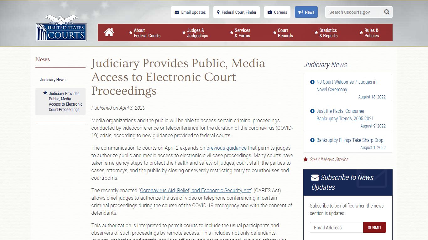 Judiciary Provides Public, Media Access to Electronic Court Proceedings ...